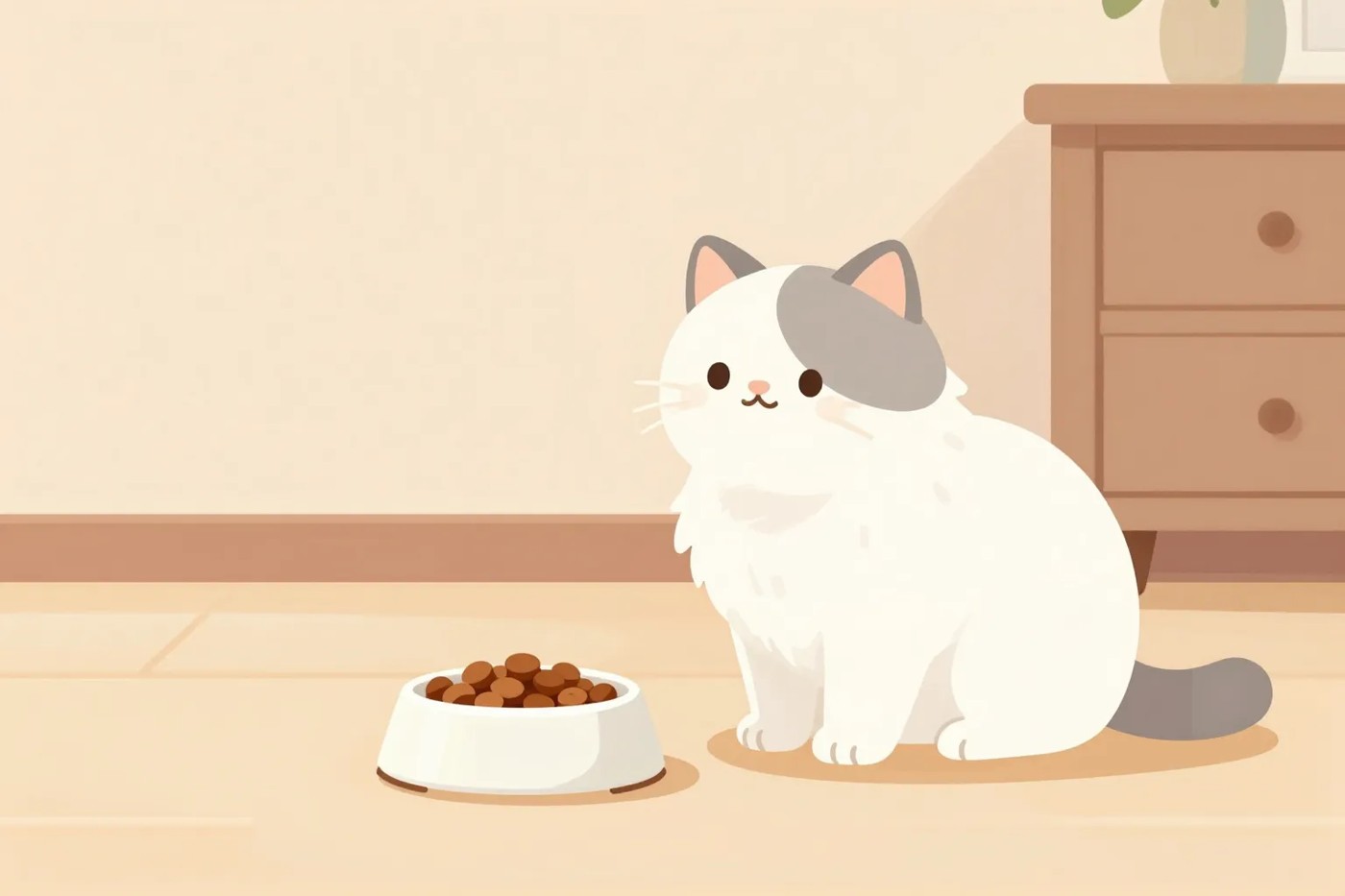 강아지 노란 거품 토와 공복토, 병원 가야 할까 (우니 모리 이야기) 빈 밥그릇을 바라보는 뚱냥이 페르시안 고양이 일러스트